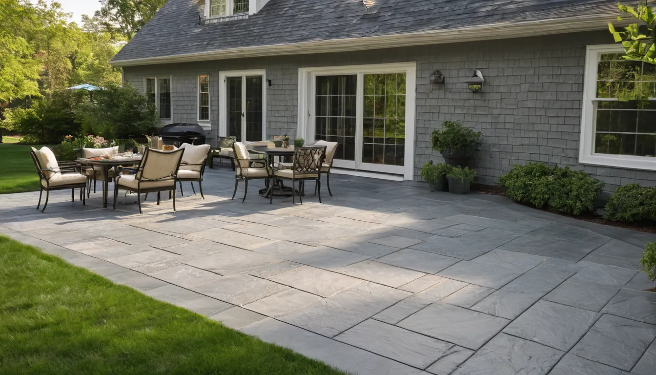 Stamped concrete patio with a stone pattern behind a home near Taunton